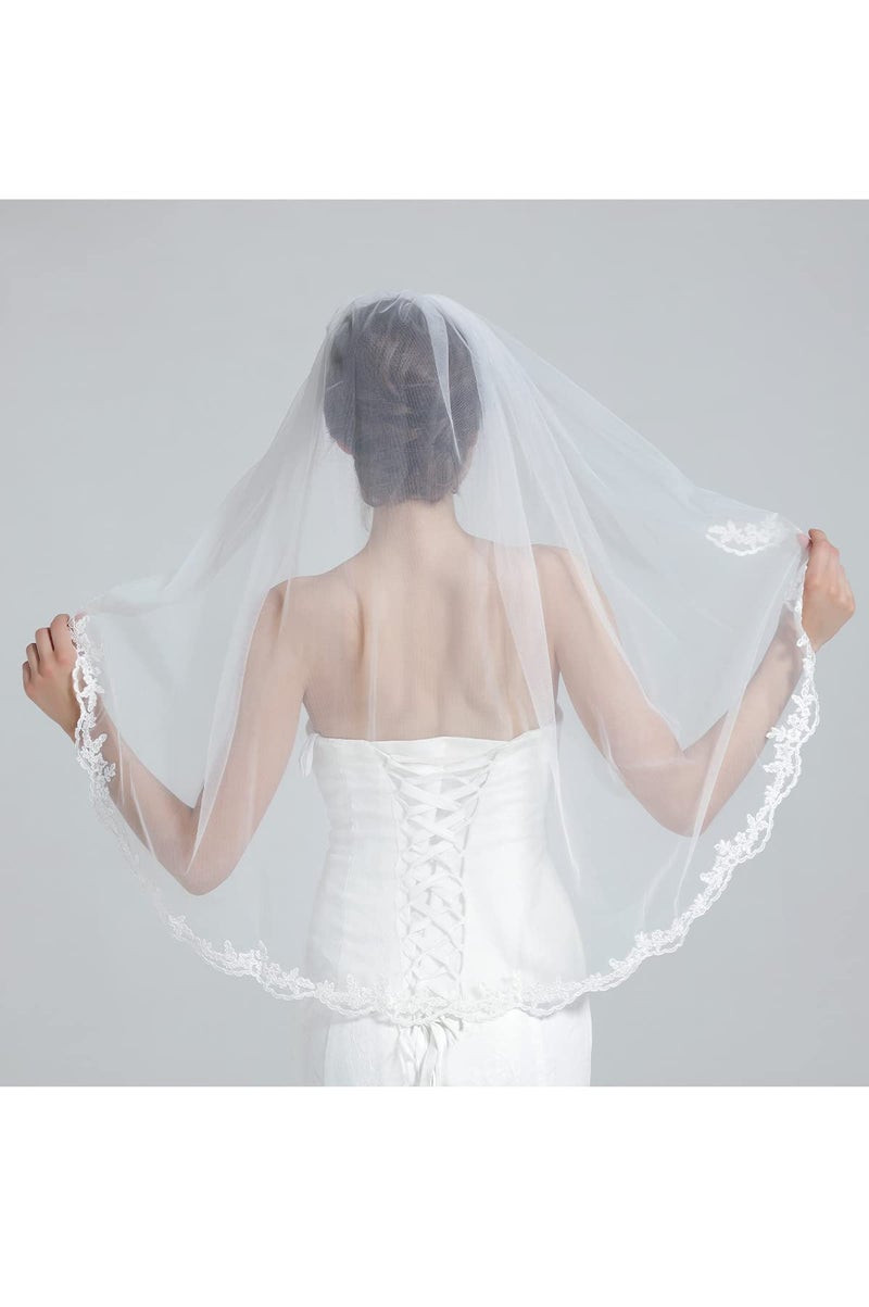 BEAUTELICATE Wedding Bridal Veil with Comb 1 Tier Lace Applique Edge Fingertip Length - Image 3